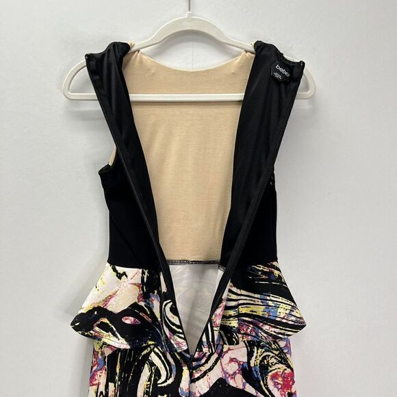 Bebe Bodycon Peplum Lace Neoprene Bright Colorful Midi Dress Sleeveless Black XS - Picture 12 of 16